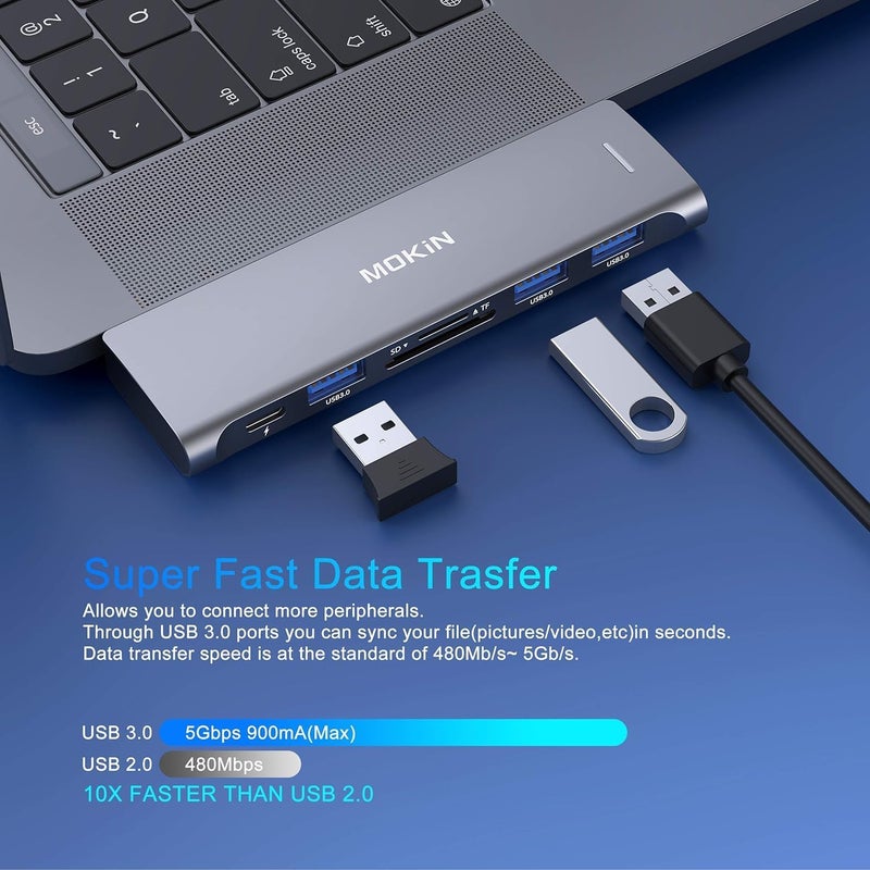 Mokin USB C Adapter for MacBook Pro/Air M1 M2 2021 2020 2019 2018, Hub MacBook Pro Accessories with 3 USB 3.0 Ports,USB C to SD/TF Card Reader and 100W Thunderbolt 3 PD Port - Image 3